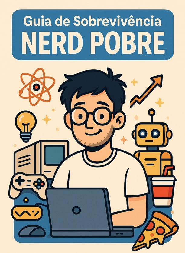 Ilustração de um jovem nerd cercado por itens tecnológicos retrô