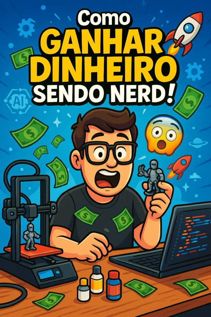 Ilustração cartoon de um nerd surpreso segurando uma miniatura, com 3D printer e laptop ao fundo, representando formas de ganhar dinheiro sendo nerd