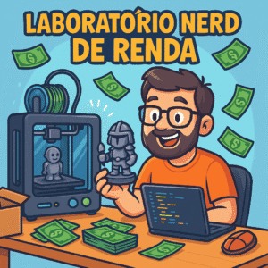 Ilustração cartoon de um nerd com óculos usando uma impressora 3D e um notebook com IA, representando criação de projetos com tecnologia.