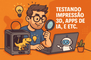 Ilustração de um nerd desenvolvendo apps e scripts, com notebooks, gráficos e café, cercado de símbolos de TI e produtividade.