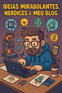 Ilustração vibrante de um programador nerd com barba, digitando ideias mirabolantes em um blog, cercado de ícones de IA, foguetes e luzes.