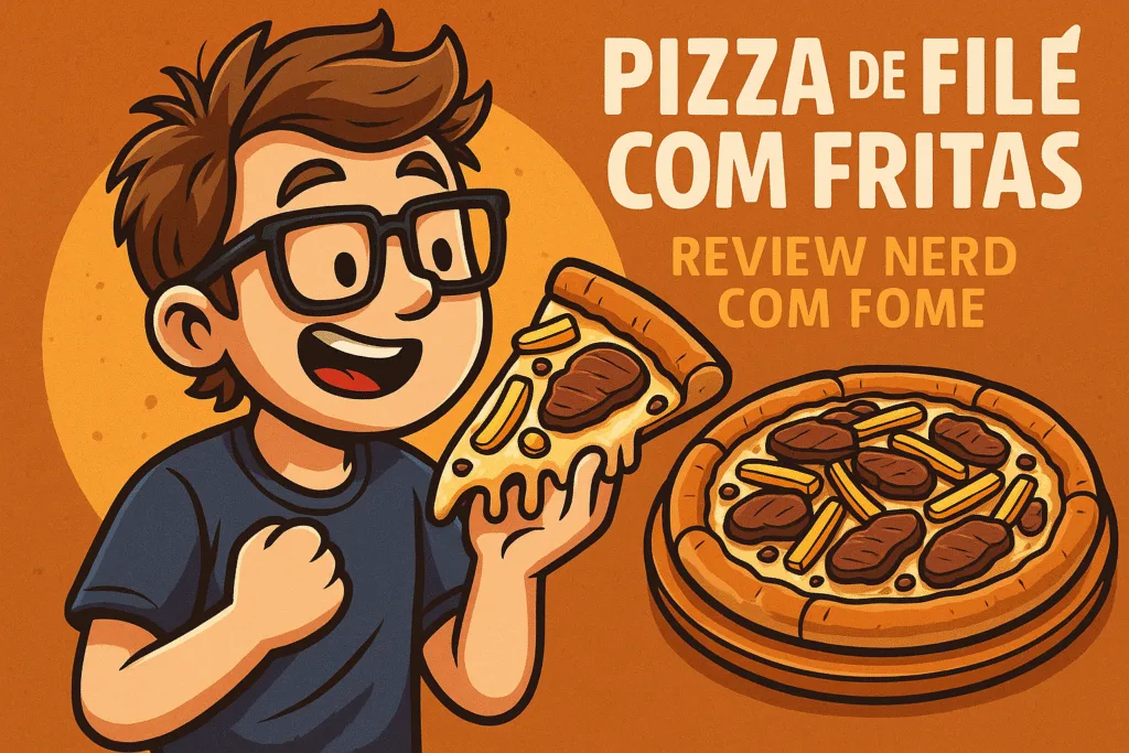 Ilustração cartoon de um nerd segurando uma fatia de pizza de filé com fritas, com expressão de admiração e fome.