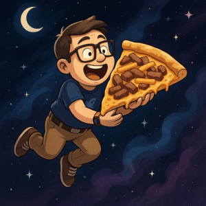Nerd cartoon voando pelo espaço segurando uma fatia de pizza de filé com fritas