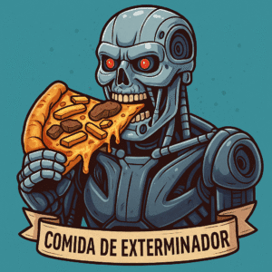 Robô estilo T800 segurando uma fatia de pizza de filé com fritas com aprovação