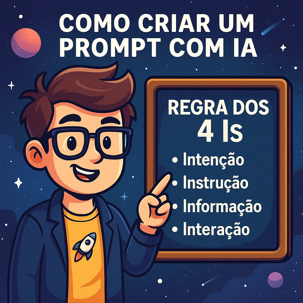 Personagem estilo cartoon nerd apontando para a Regra dos 4 Is em um quadro no espaço