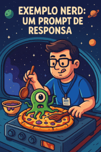 Nerd espacial em estilo cartoon segurando uma pizza alienígena em um cenário futurista