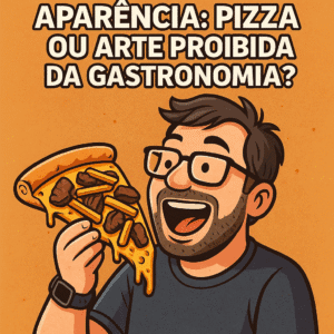Nerd estilo cartoon observa maravilhado uma pizza de filé com fritas